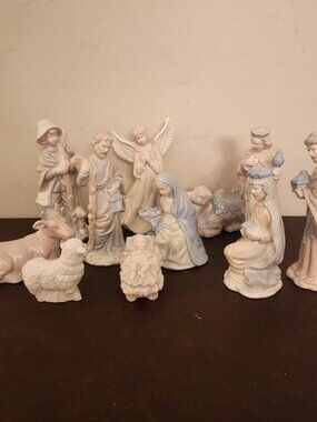 Vintage Porcelain Nativity classic white design pastel blue and pink accents